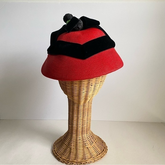 Vintage 50s Gladys & George Originals Pillbox Fascinator Hat Red Black Velvet - Picture 3 of 10